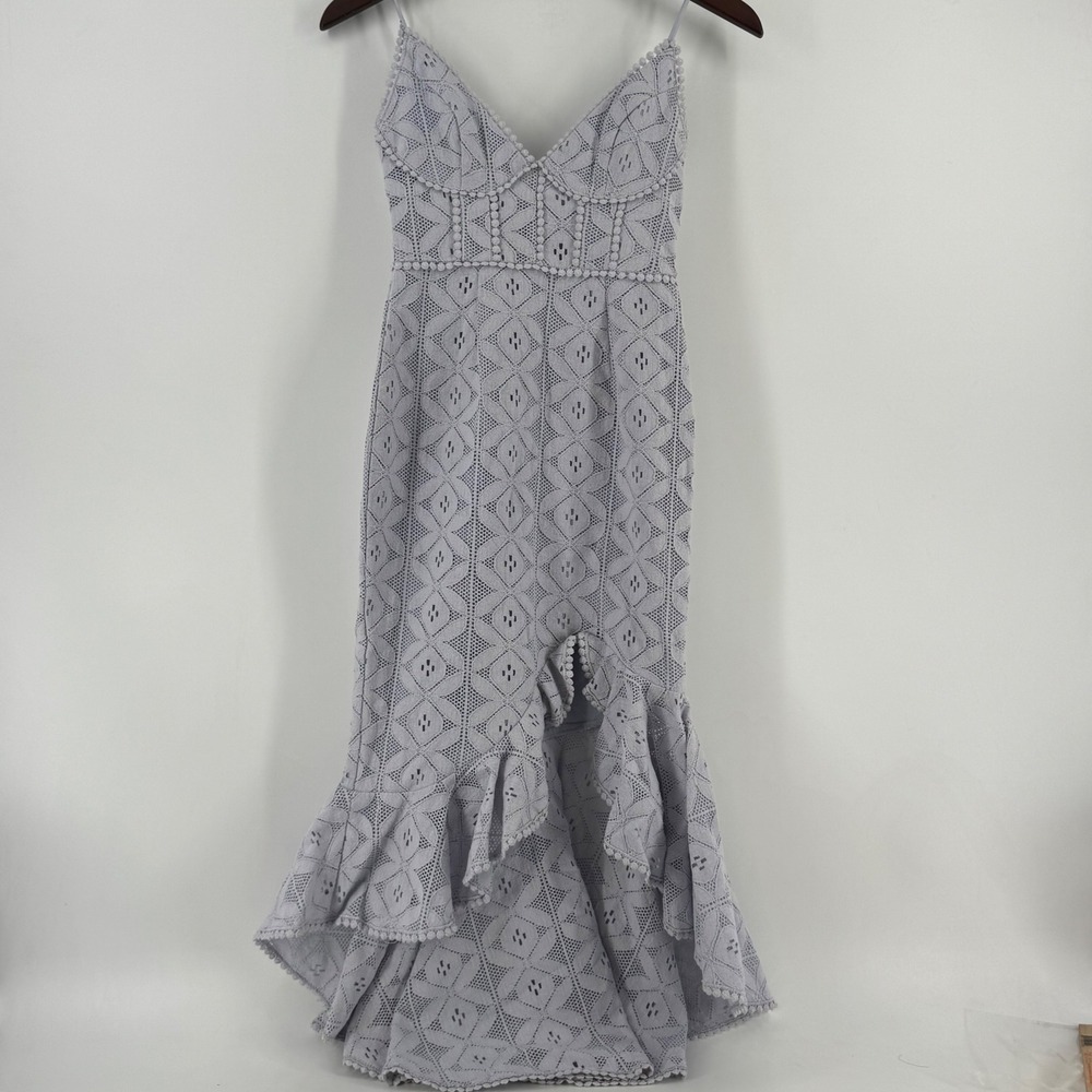 Selfie Leslie Periwinkle Blue Geometric Lace High Low Ruffle Midi Dress Size XS